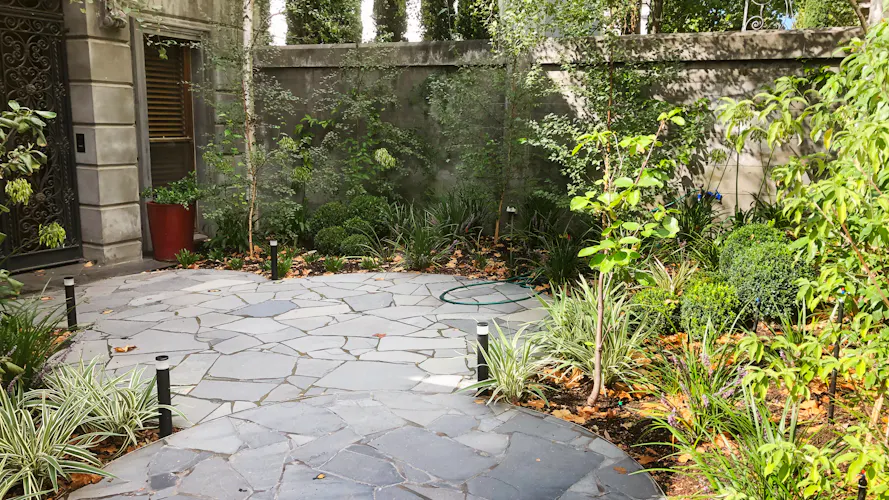 Toorak, Melbourne front yard and entrance area landscaping work including circular paved areas and planting